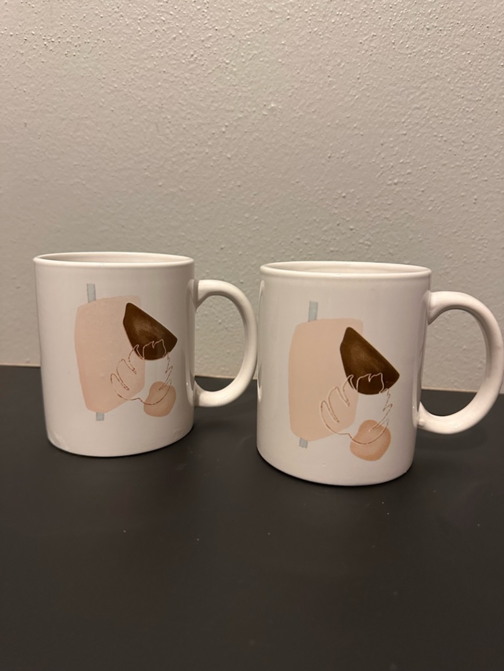 White Ceramic Mug with Abstract Beige & Brown Art - Set of 2
